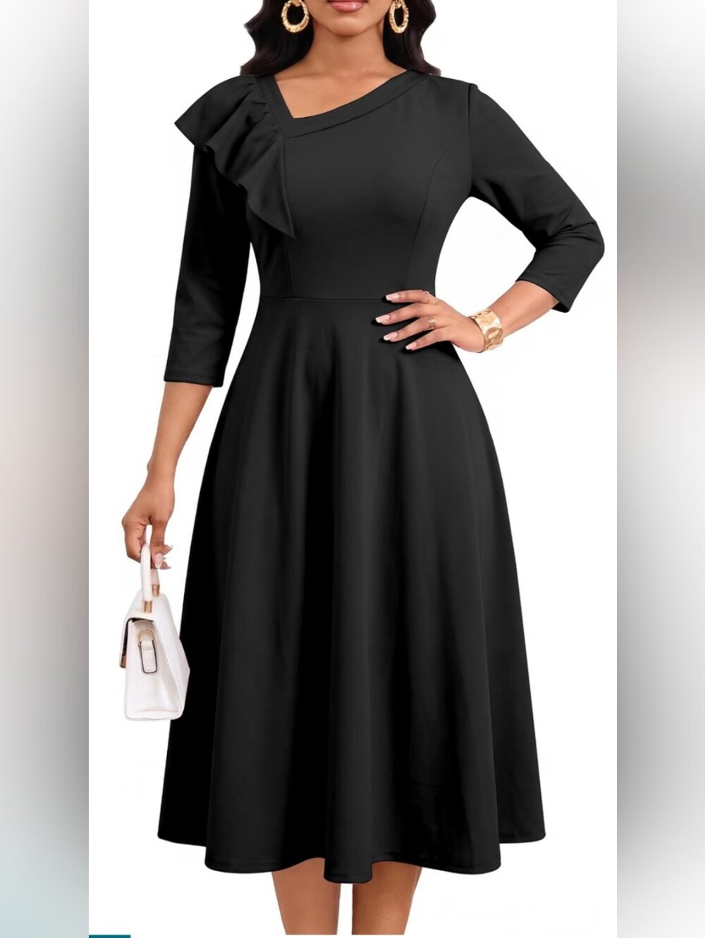 NWT Black Ruffle A-Line Midi Dress 3/4 Sleeve Pockets L